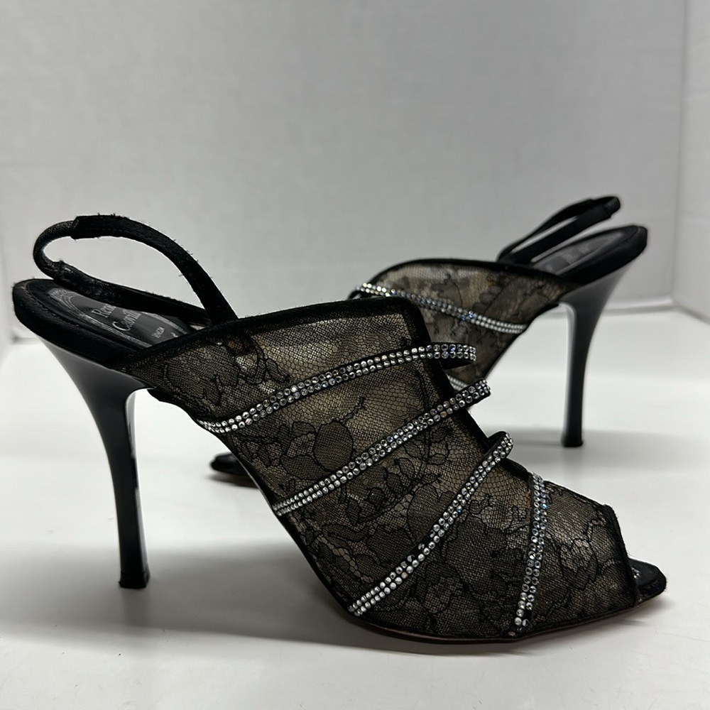 Rene Caovilla High Heels Shoes Peep Toe Slingback Sheer Lace Rhinestone Size 6.5